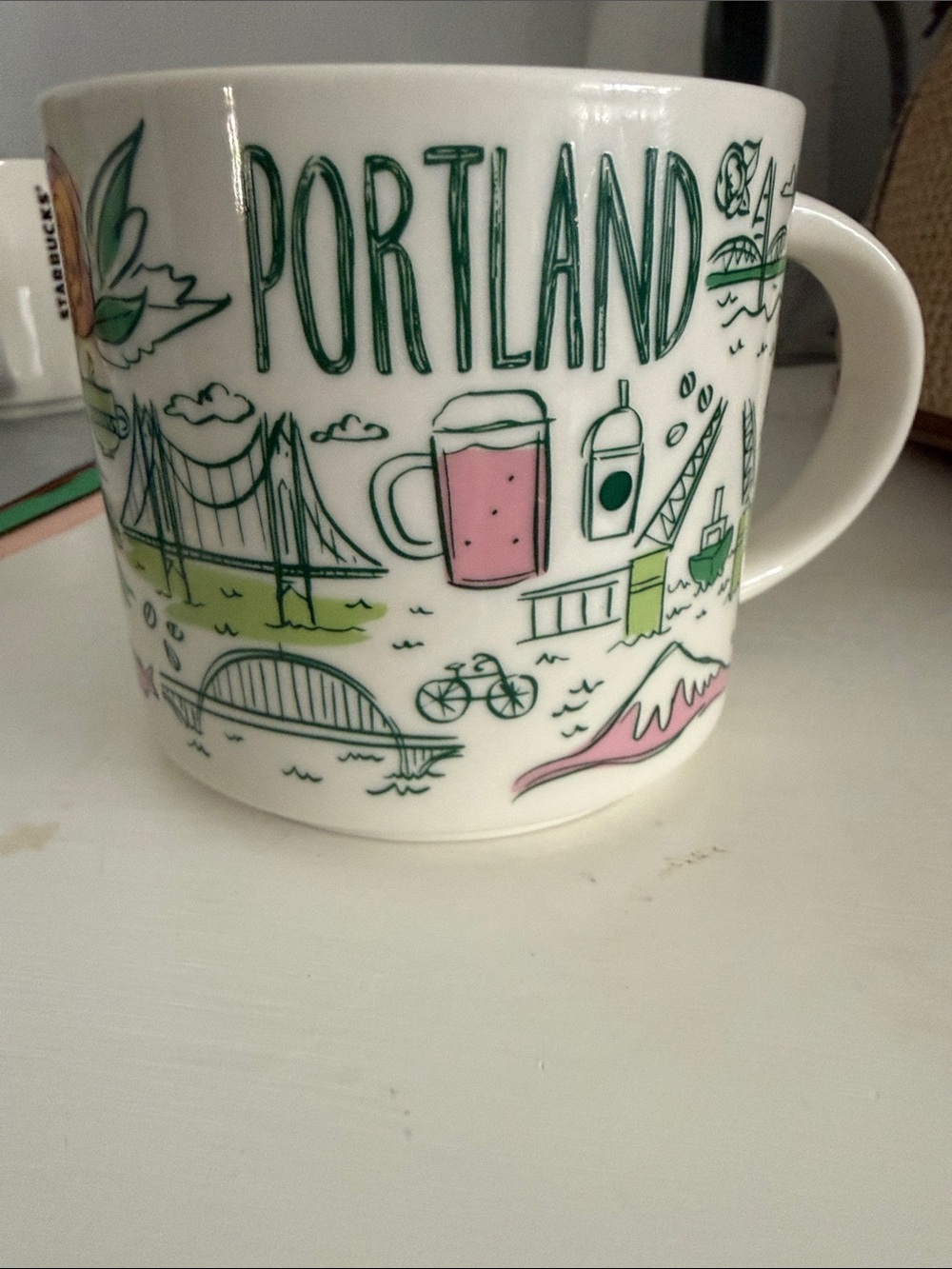 Starbucks Portland Mug — White with Green and Pink Illustrations